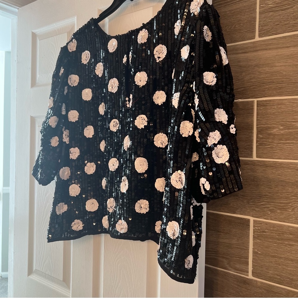 ASOS Black Sequin Top with White Floral Design